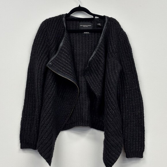 Maison Scotch - Black Wool Biker Cardigan w/ Gold Fleck & Leather Trim | M/L - Picture 1 of 5
